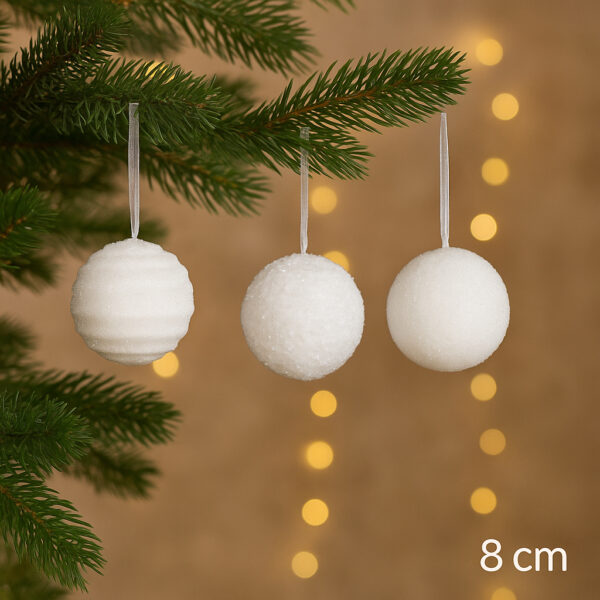 Set 12 globuri Craciun cu sclipici, 3 modele diferite, polistiren, diametru 8 cm, alb - imagine 4