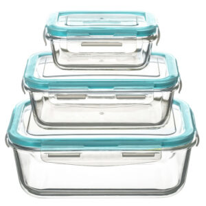 Set 3 recipiente 5Five Clipeat din sticla borosilicata, cu capace etanse, 330ml / 800ml / 1730ml, transparent