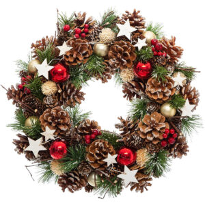 Coronita decorativa cu frunze si conuri, diametru 35 cm, multicolora