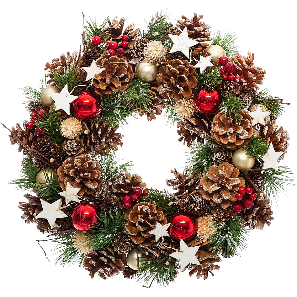 Coronita decorativa cu frunze si conuri, diametru 35 cm, multicolora