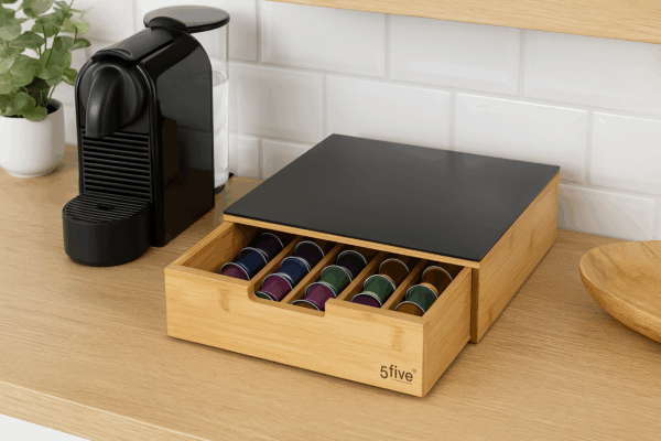 Suport capsule cafea 5Five Blackbamboo, cu sertar, bambus si sticla, 30x30x10 cm, natur si negru - imagine 7