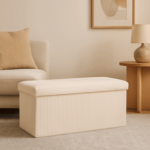 Taburet dublu pliabil Atmosphera Arum din material tip catifea raiat, 76x38x38 cm, ivoire - imagine 7