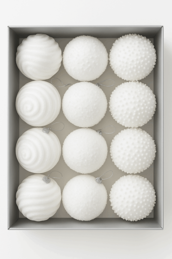 Set 12 globuri Craciun cu sclipici, 3 modele diferite, polistiren, diametru 8 cm, alb - imagine 9