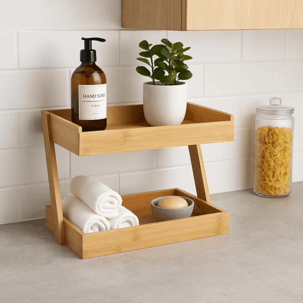 Etajera colt 5Five pentru bucatarie, 2 niveluri, bambus, 26x22x31cm, maro natural - imagine 6