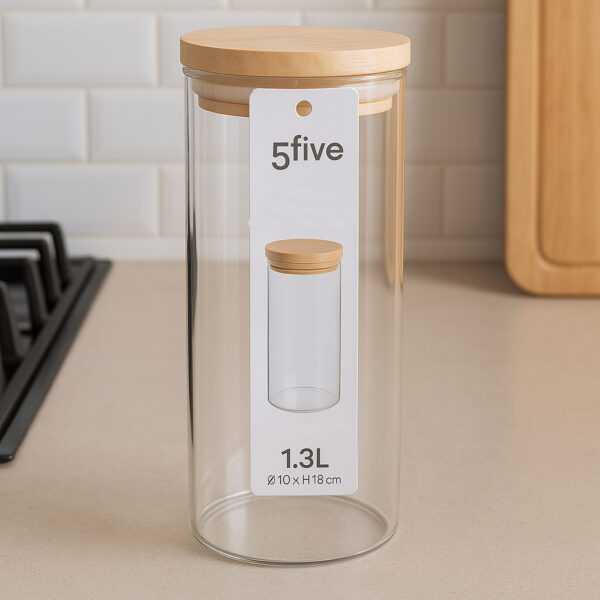Borcan etans 5Five din sticla borosilicata cu capac lemn natural, 1.3 l, transparent - imagine 3