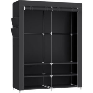 SONGMICS Dulap textil garderoba, 2 compartimente haine cu rafturi, cadru metalic, 127x45x176 cm, negru