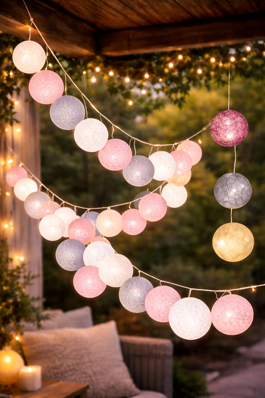 Instalatie decorativa 20 LED, lumina alba calda, 4.1 m, bile roz/alb/gri - imagine 9