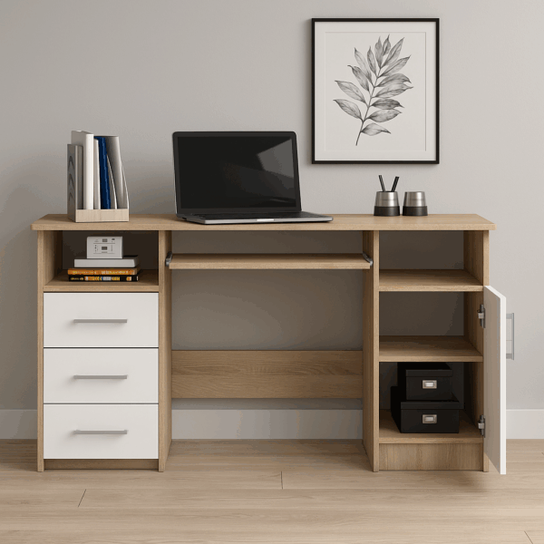 Birou ANA pentru calculator, cu 3 sertare si 1 usa, 124x52x74 cm, stejar sonoma si alb - imagine 7