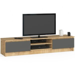 Comoda TV cu 2 usi si rafturi centrale, PAL laminat, 160x40x33 cm, stejar artisan si gri