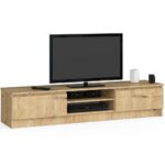Comoda TV cu 2 usi si rafturi centrale, PAL laminat, 160x40x33 cm, stejar artisan