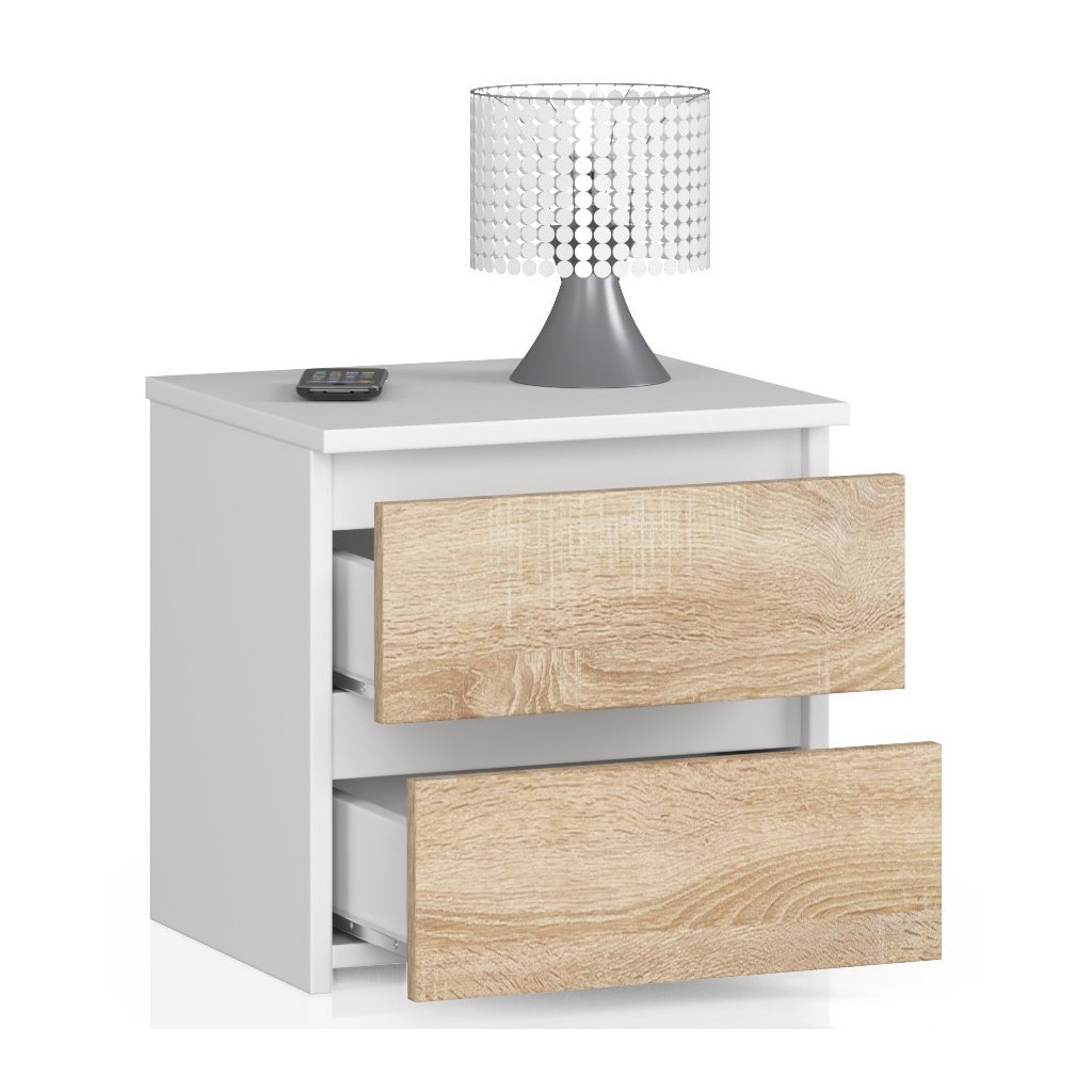 Noptiera cu 2 sertare, din PAL laminat, 40x35x40 cm, alb si stejar sonoma - imagine 2