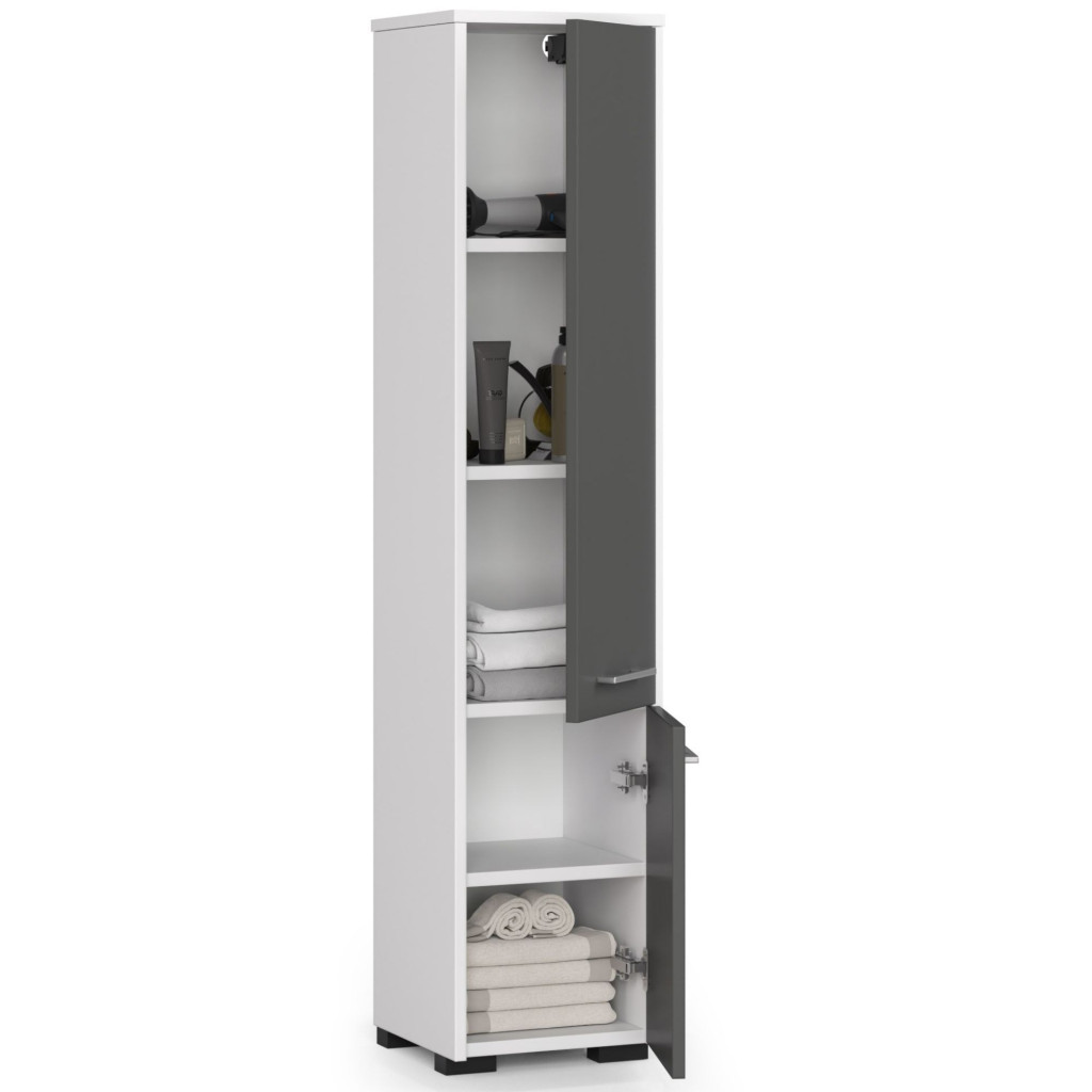 Dulap baie tip coloana cu 2 usi si 5 rafturi, PAL laminat, 30x30x140 cm, alb si gri - imagine 2