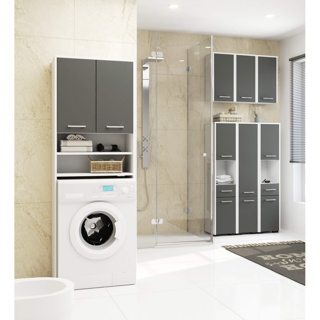 Dulap baie tip coloana cu 2 usi si 5 rafturi, PAL laminat, 30x30x140 cm, alb si gri - imagine 4