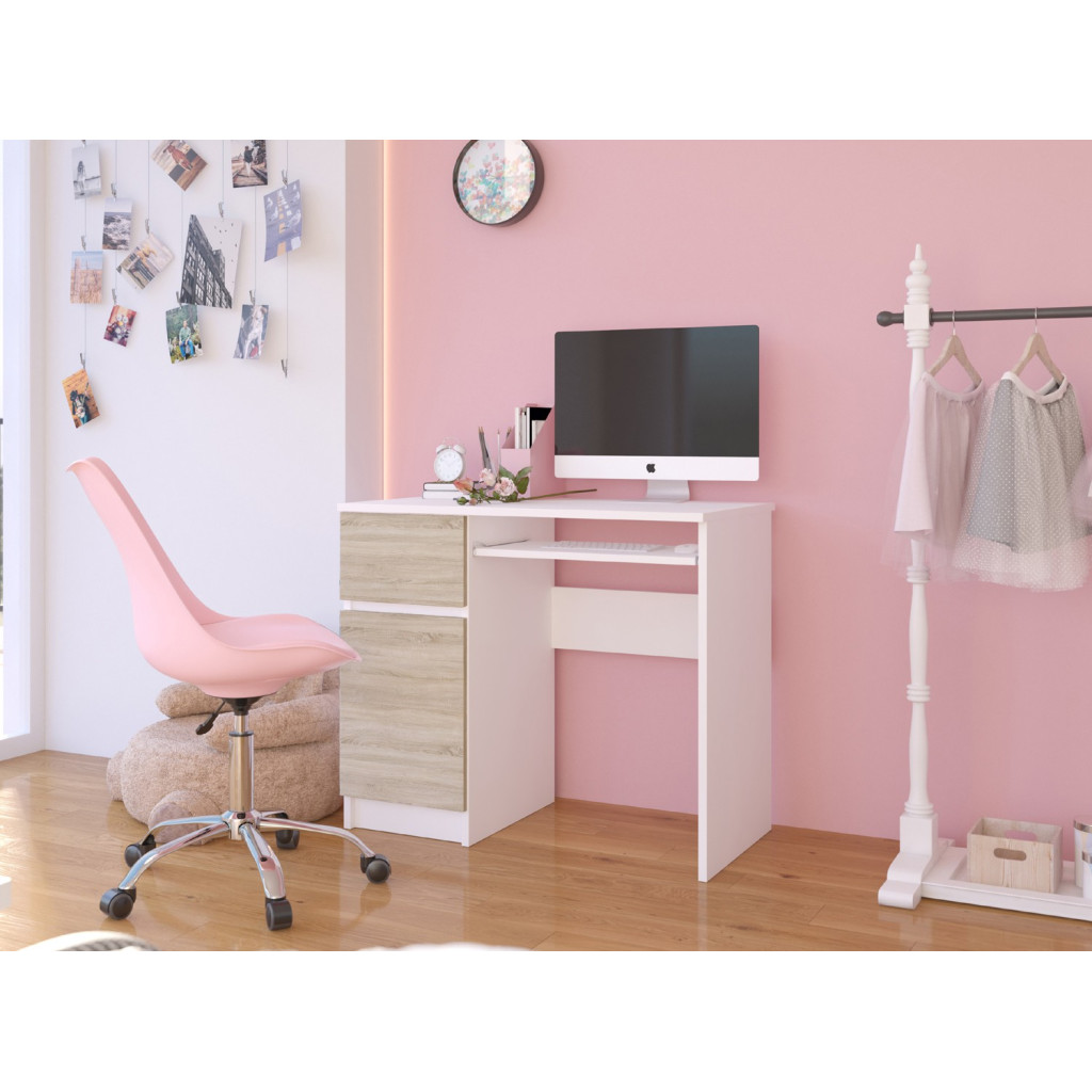 Birou computer PIKSEL, cu sertar, dulap si raft pentru tastatura, stanga, 90x50x77 cm, alb si stejar sonoma - imagine 5