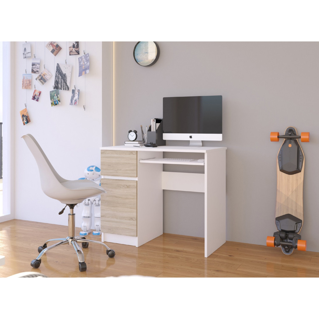 Birou computer PIKSEL, cu sertar, dulap si raft pentru tastatura, stanga, 90x50x77 cm, alb si stejar sonoma - imagine 6