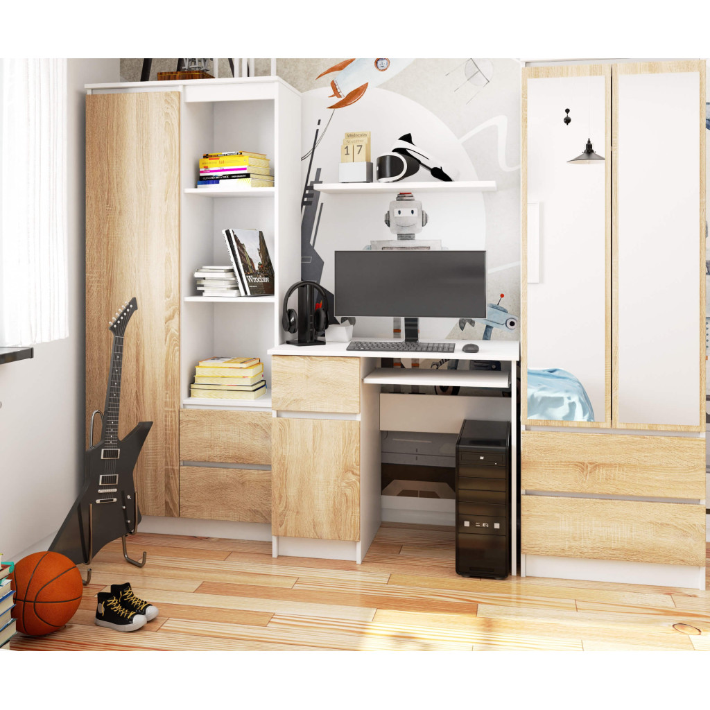 Birou computer PIKSEL, cu sertar, dulap si raft pentru tastatura, stanga, 90x50x77 cm, alb si stejar sonoma - imagine 7