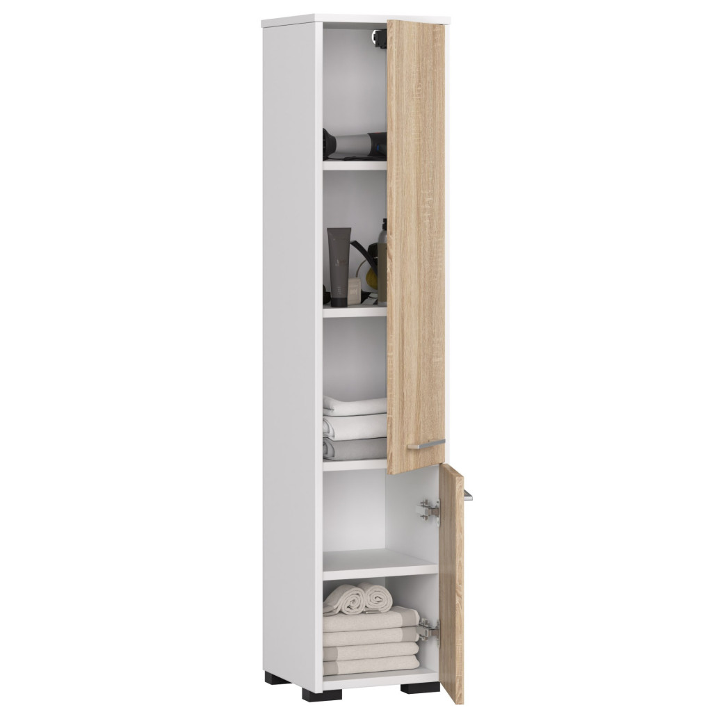 Dulap baie tip coloana cu 2 usi si 5 rafturi, PAL laminat, 30x30x140 cm, alb si stejar sonoma - imagine 5