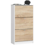 Dulap pantofi cu 3 usi rabatabile, PAL laminat 16 mm, 60x29x113 cm, alb si stejar sonoma