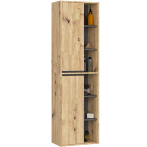 Dulap de baie suspendat cu 2 usi si 6 rafturi, PAL 16 mm, 50x30x170 cm, stejar artisan si gri