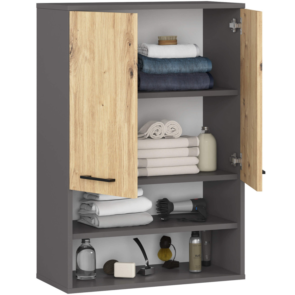 Dulap baie suspendat, cu 2 usi si 2 rafturi deschise, PAL 16 mm, 64x30x94 cm, gri si stejar artisan - imagine 2