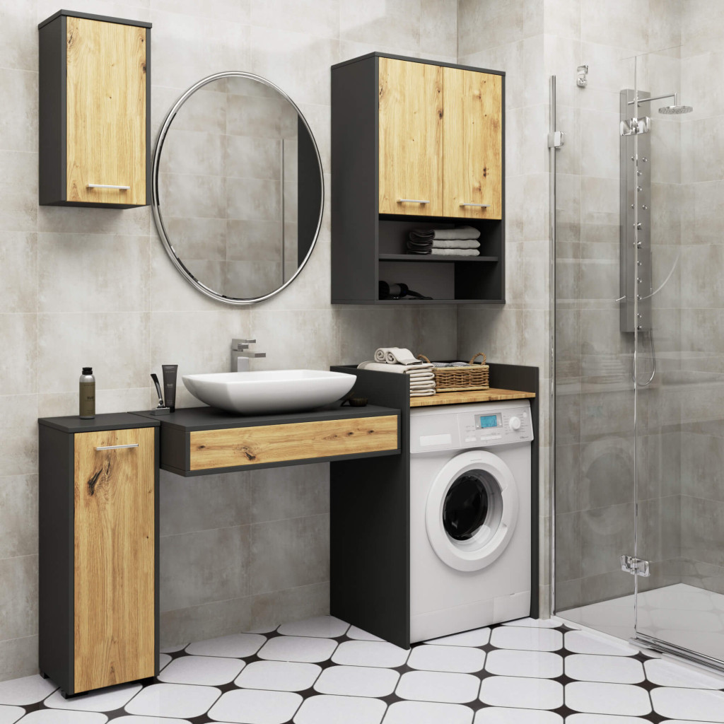 Dulap baie suspendat, cu 2 usi si 2 rafturi deschise, PAL 16 mm, 64x30x94 cm, gri si stejar artisan - imagine 5