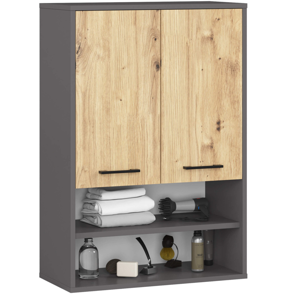 Dulap baie suspendat, cu 2 usi si 2 rafturi deschise, PAL 16 mm, 64x30x94 cm, gri si stejar artisan