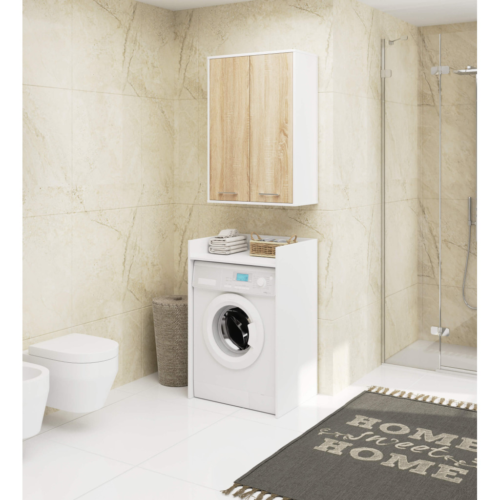 Dulap baie suspendat, cu 2 usi si 4 rafturi interioare, PAL 16 mm, 64x30x94 cm, alb si stejar sonoma - imagine 4