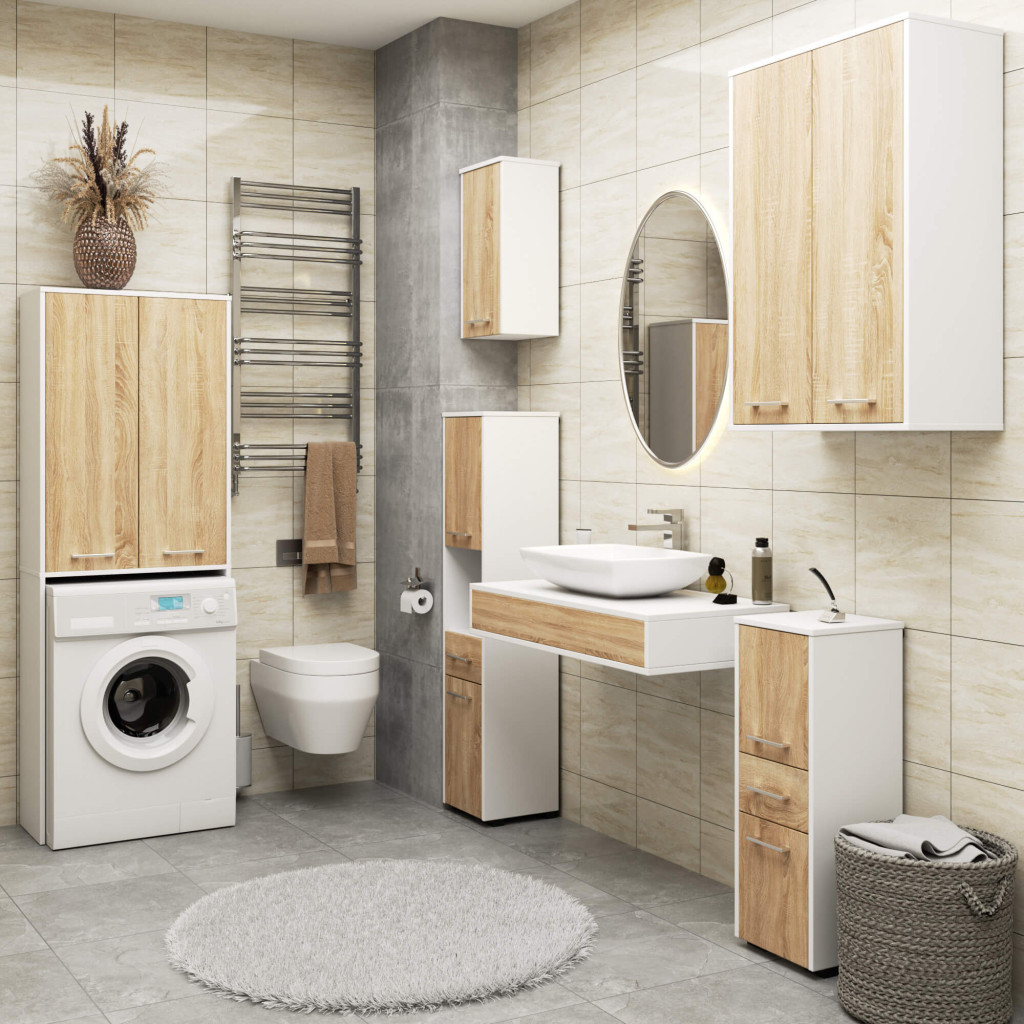 Dulap baie suspendat, cu 2 usi si 4 rafturi interioare, PAL 16 mm, 64x30x94 cm, alb si stejar sonoma - imagine 7