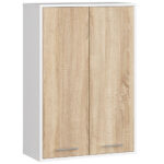 Dulap baie suspendat, cu 2 usi si 4 rafturi interioare, PAL 16 mm, 64x30x94 cm, alb si stejar sonoma