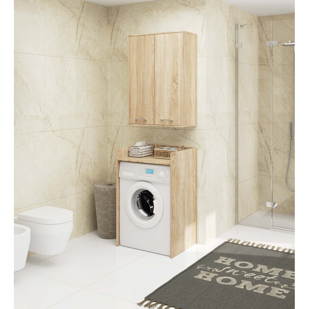 Dulap baie suspendat, cu 2 usi si 4 rafturi interioare, PAL 16 mm, 64x30x94 cm, stejar sonoma - imagine 4