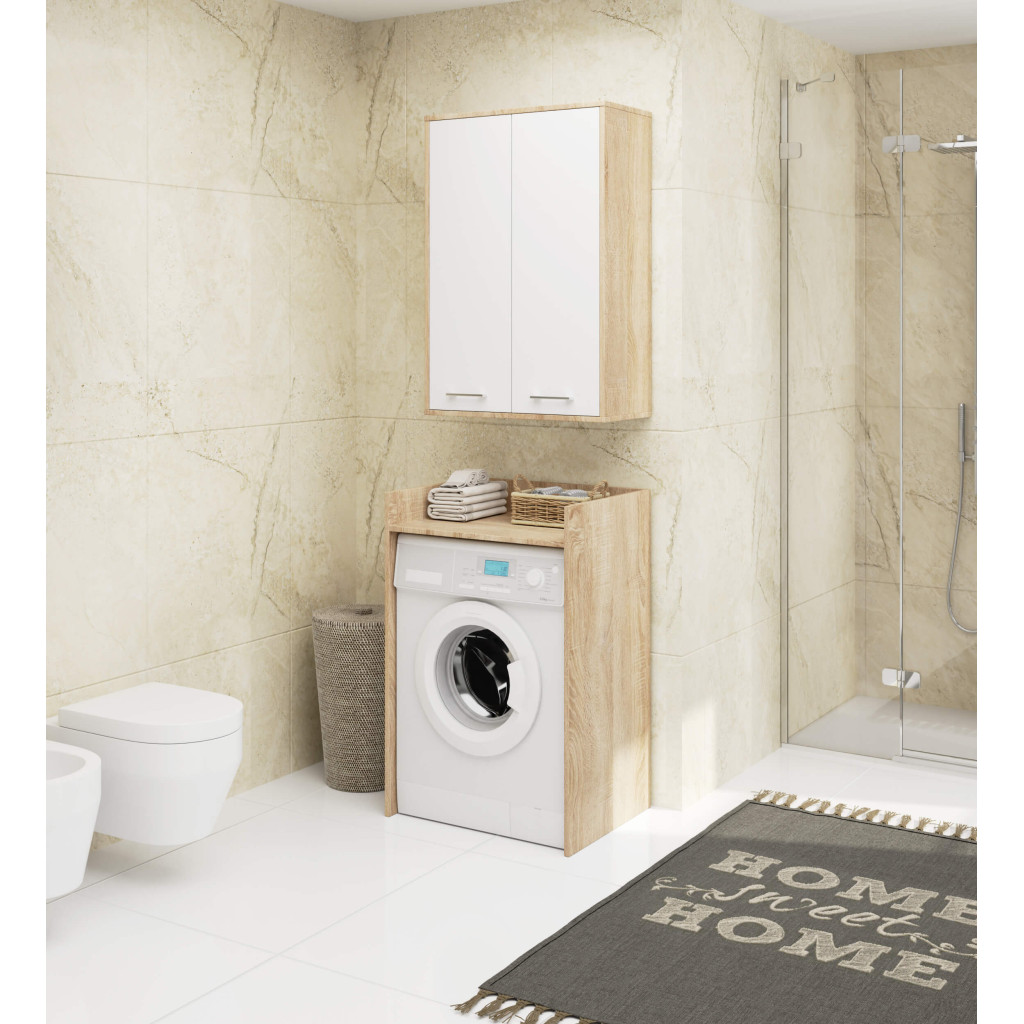 Dulap baie suspendat, cu 2 usi si 4 rafturi interioare, PAL 16 mm, 64x30x94 cm, stejar sonoma si alb - imagine 4