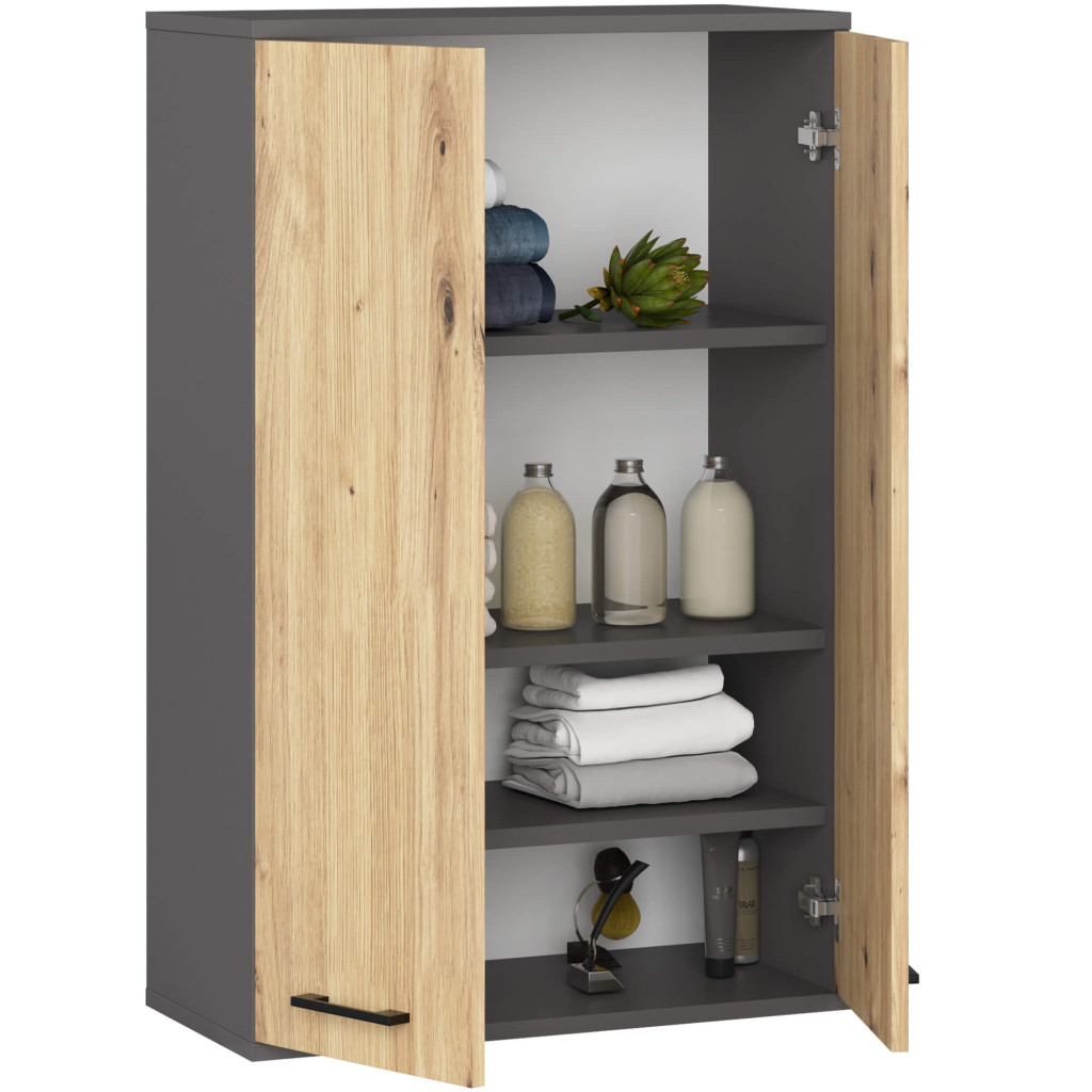 Dulap baie suspendat, cu 2 usi si 4 rafturi interioare, PAL 16 mm, 64x30x94 cm, gri si stejar artisan - imagine 2