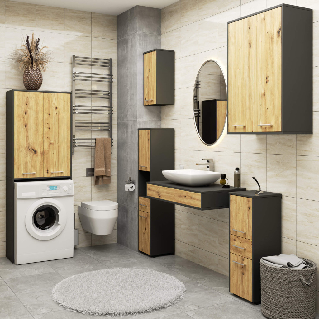 Dulap baie suspendat, cu 2 usi si 4 rafturi interioare, PAL 16 mm, 64x30x94 cm, gri si stejar artisan - imagine 5