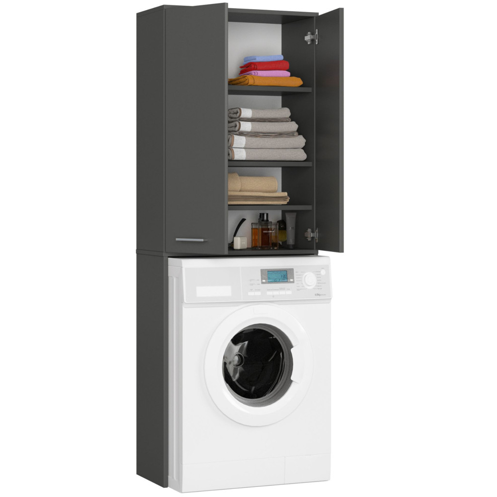 Dulap de baie cu 2 usi si 4 rafturi, pentru spatiul de deasupra masinii de spalat, 64x30x180 cm, gri grafit - imagine 2