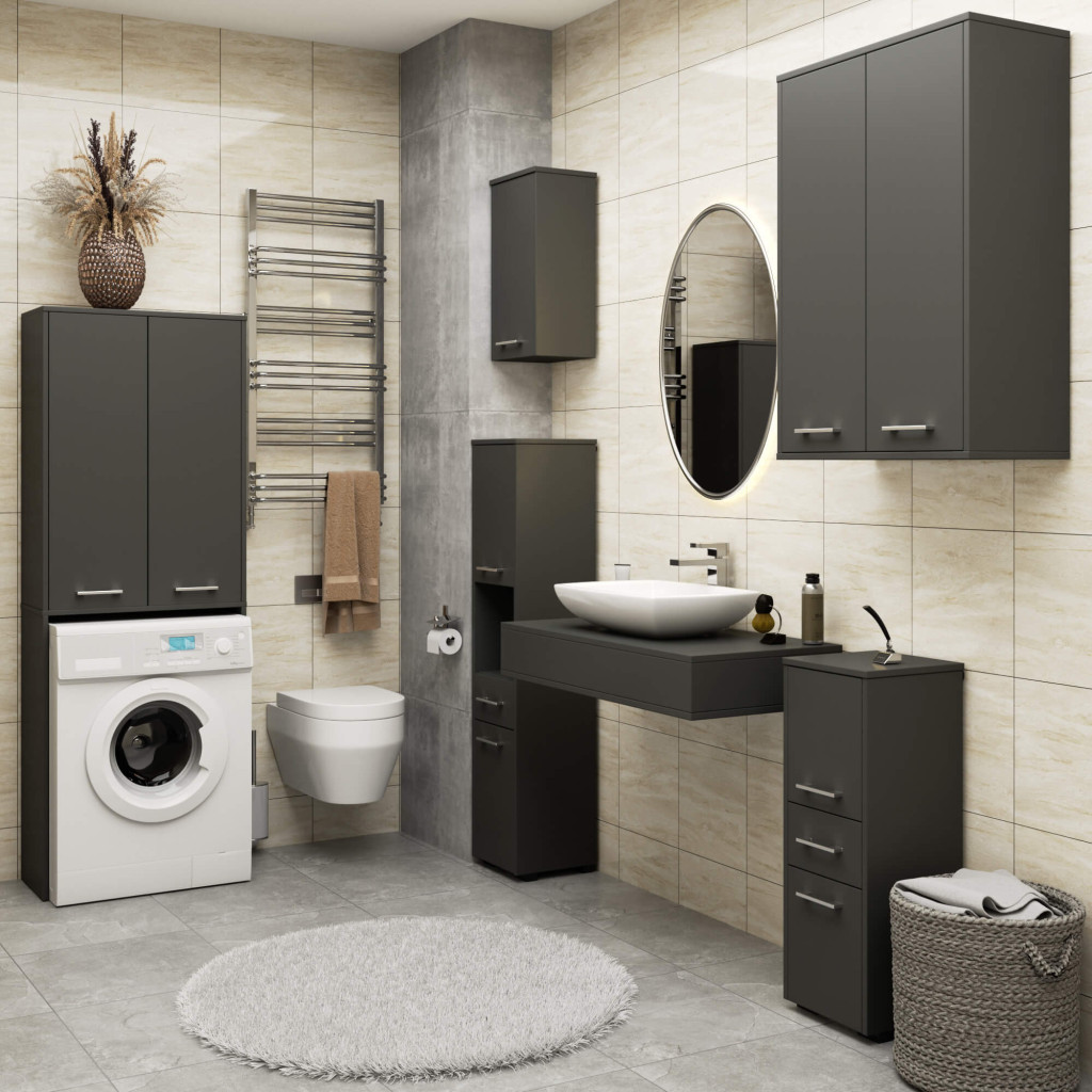 Dulap de baie cu 2 usi si 4 rafturi, pentru spatiul de deasupra masinii de spalat, 64x30x180 cm, gri grafit - imagine 6