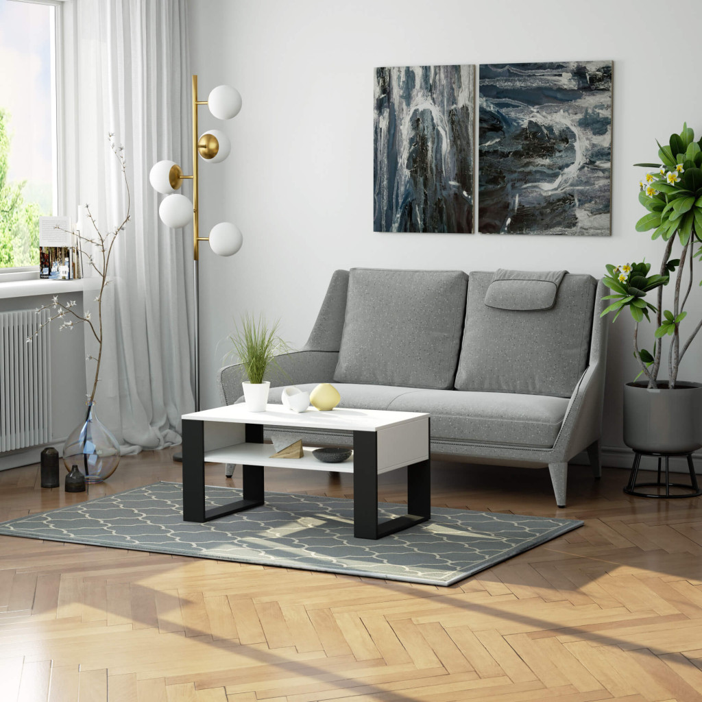 Masuta de cafea Domi cu raft inferior, blat laminat, 92x50x45 cm, alb si negru - imagine 4