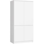 Dulap cu 4 usi, rafturi si bara pentru umerase, PAL laminat, 90x51x180 cm, alb mat