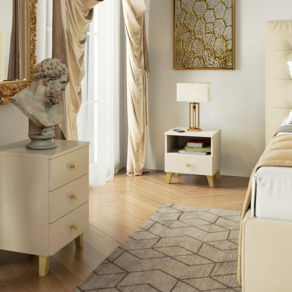 Comoda MOBI K01 cu sertar si raft deschis, PAL laminat 16 mm, 40x37x43 cm, bej si auriu - imagine 7