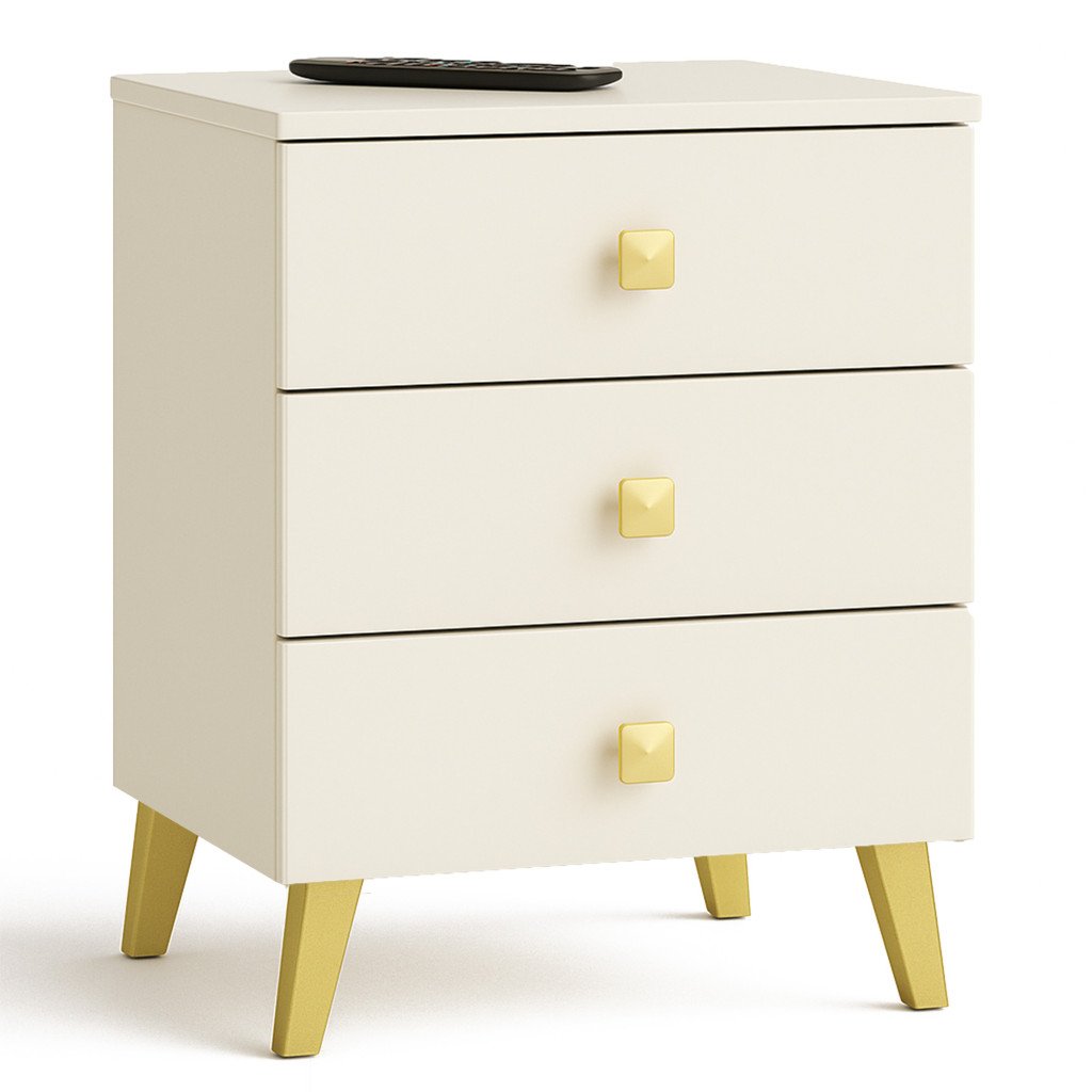 Comoda MOBI K-03 cu 3 sertare, PAL laminat 16 mm, 40x37x58 cm, bej si auriu