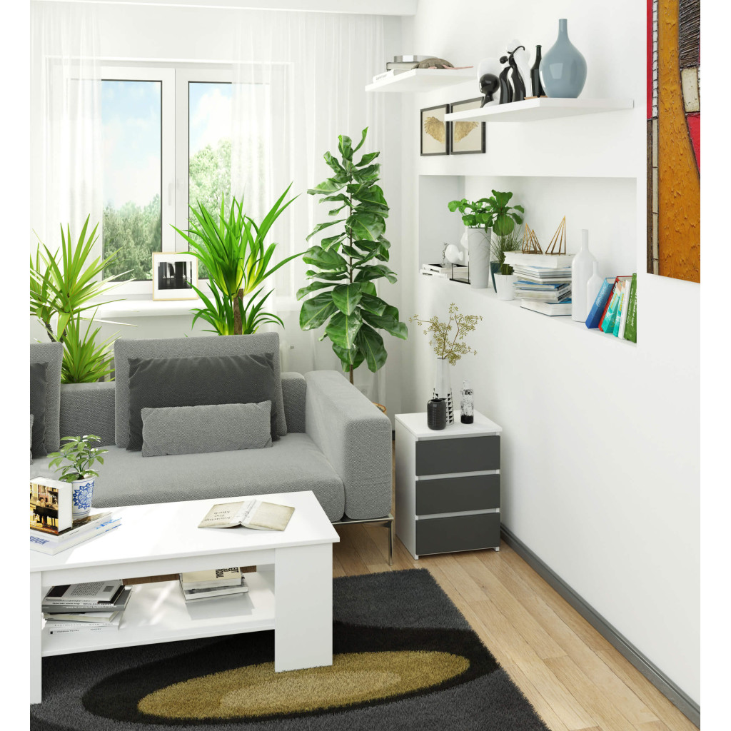 Noptiera cu 3 sertare, PAL laminat 16 mm, 40x35x57 cm, alb si gri - imagine 4