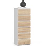 Comoda cu 6 sertare, PAL laminat 16 mm, 40x35x109 cm, alb si stejar sonoma