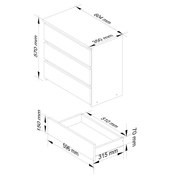 Noptiera cu 3 sertare, PAL laminat, 60x35x57 cm, alb mat - imagine 2