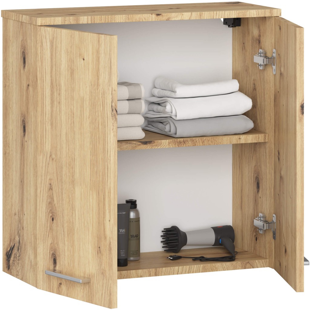 Dulap baie suspendat, cu 2 usi si 1 raft interior, PAL 16 mm, 60x23x60 cm, stejar artisan - imagine 2