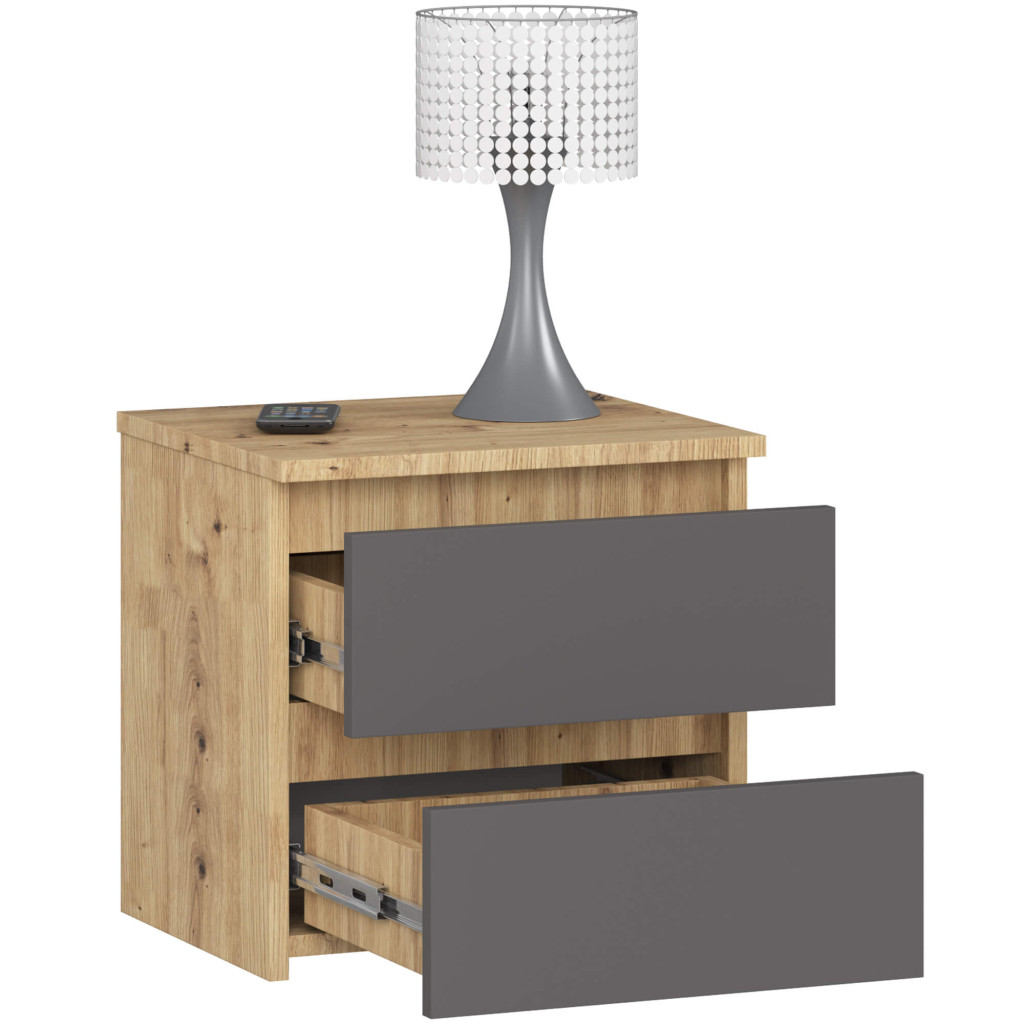 Noptiera cu 2 sertare, din PAL laminat, 40x35x40 cm, stejar artisan si gri - imagine 3