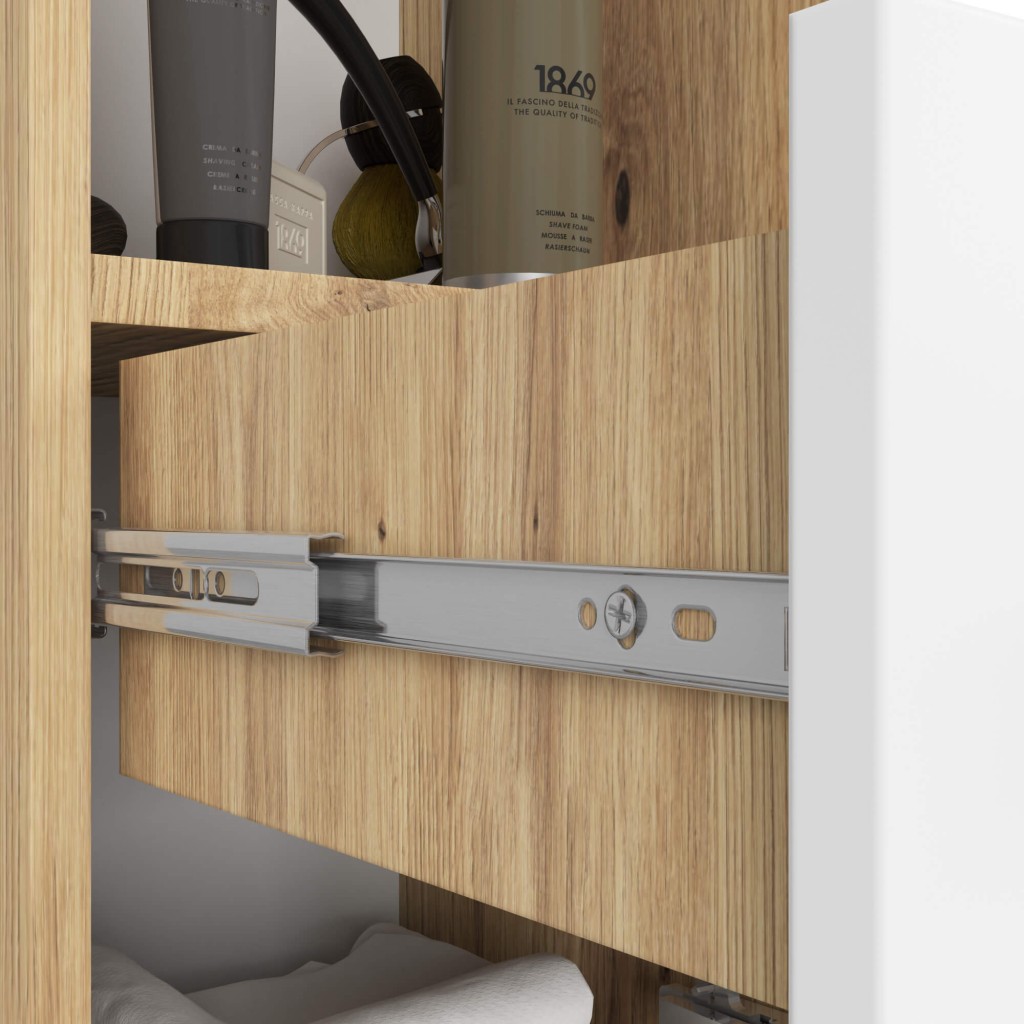 Dulap baie tip coloana cu 2 usi, 1 sertar si rafturi interioare, PAL laminat, 30x30x140 cm, stejar artisan si alb - imagine 4