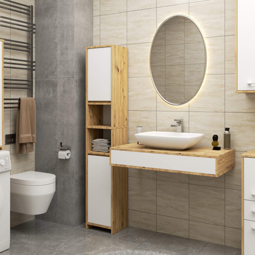 Dulap baie tip coloana cu 2 usi, 1 sertar si rafturi interioare, PAL laminat, 30x30x140 cm, stejar artisan si alb - imagine 7