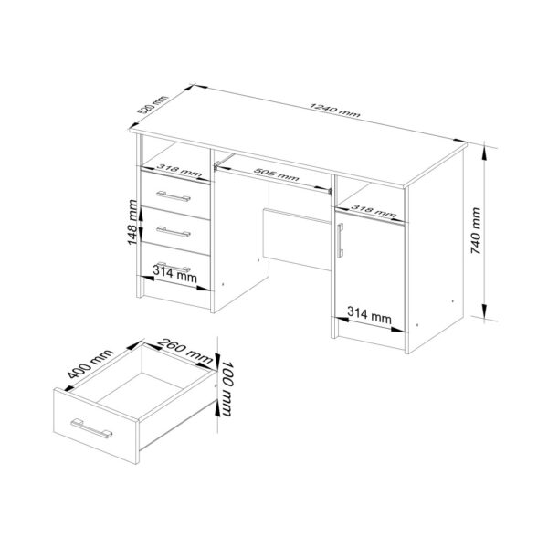 Birou ANA pentru calculator, cu 3 sertare si 1 usa, 124x52x74 cm, stejar sonoma si alb - imagine 2