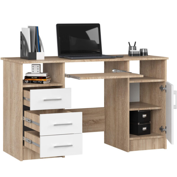 Birou ANA pentru calculator, cu 3 sertare si 1 usa, 124x52x74 cm, stejar sonoma si alb - imagine 3