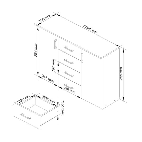 Comoda cu 4 sertare si 2 usi, PAL laminat, 110x35x80 cm, stejar sonoma si alb - imagine 2