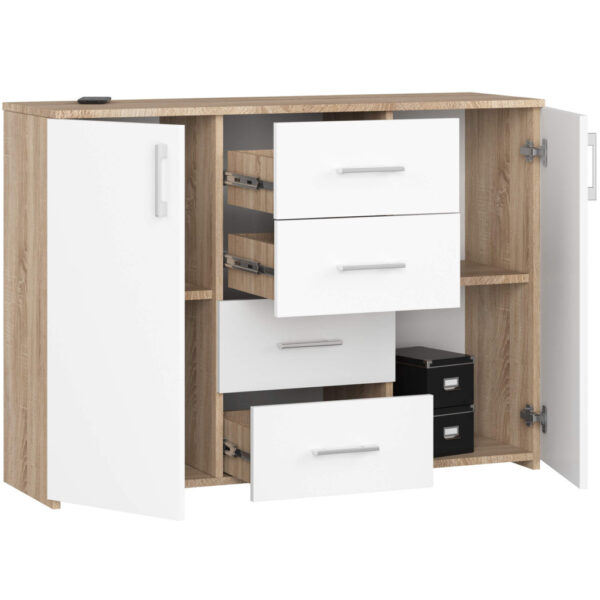 Comoda cu 4 sertare si 2 usi, PAL laminat, 110x35x80 cm, stejar sonoma si alb - imagine 3